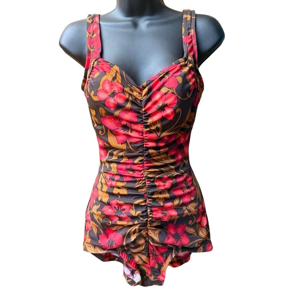 Vintage Maxine Swimsuit Size 12‎ One Piece Hawaiian Floral Brown Red Ruched